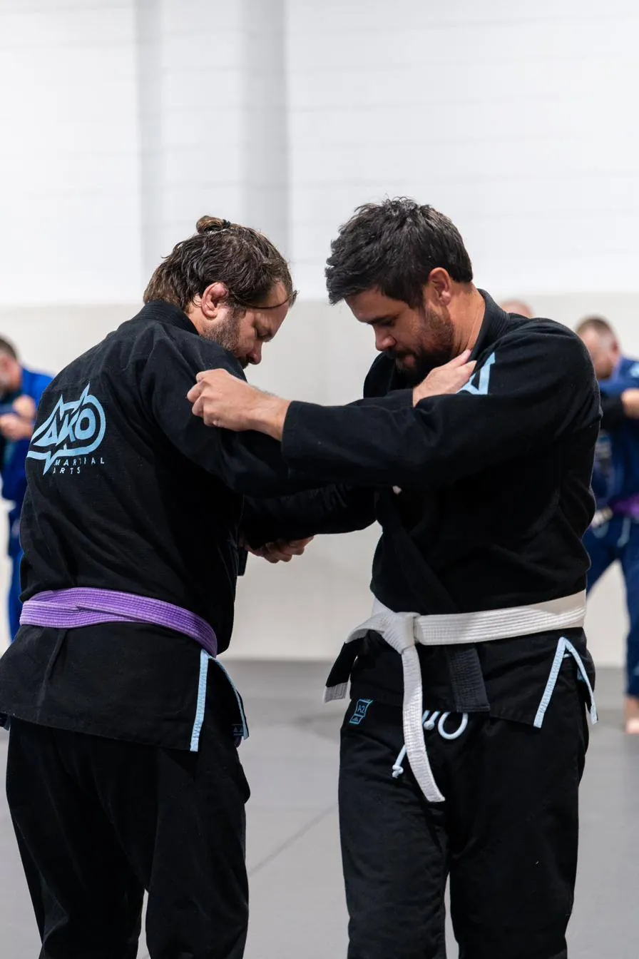 Two adults grip fighting during BJJ training